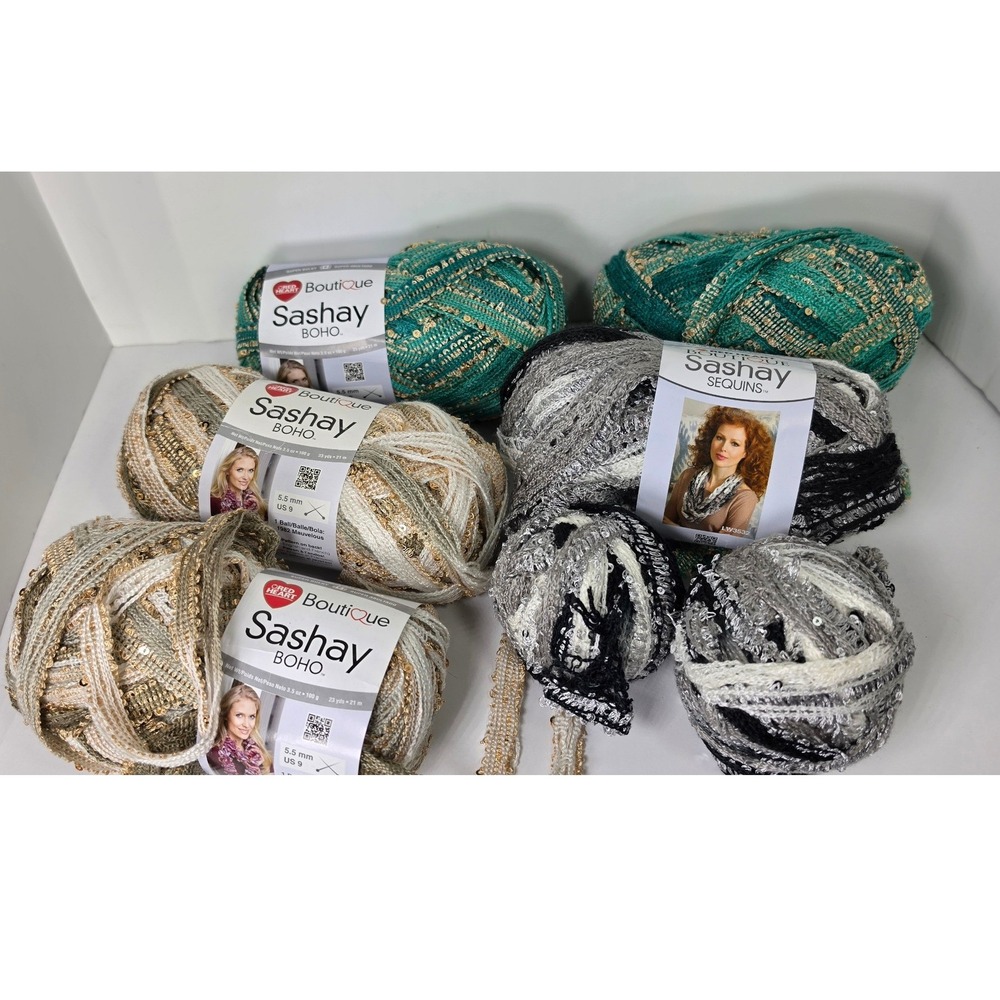 Red Heart Boutique Sashay Yarn Lot 6+ Skeins Boho Sequins Envy Panda Tambourine